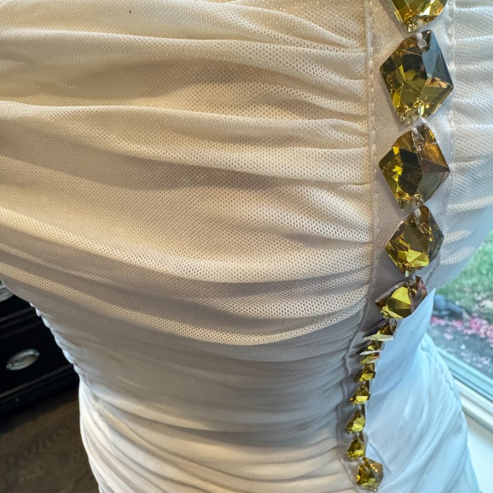 Bebe Strapless Bodycon White Mini Dress Gold Accents - Picture 10 of 12